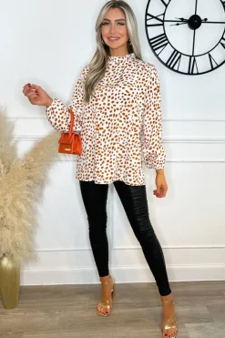 Cream And Brown Print Ruffle Neck Top