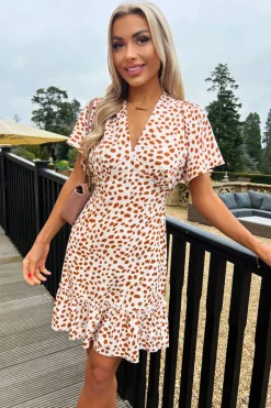 Cream And Brown Printed Short Sleeve V Neck Mini Dress