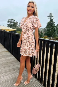 Cream And Brown Printed Short Sleeve V Neck Mini Dress