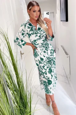 Cream And Green Printed Button Up Top Midi Dress