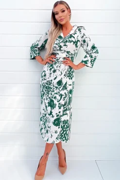 Cream And Green Printed Button Up Top Midi Dress