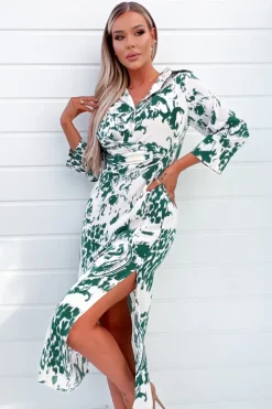 Cream And Green Printed Button Up Top Midi Dress