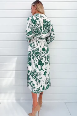 Cream And Green Printed Button Up Top Midi Dress