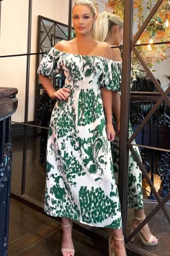 Cream and Green Printed Elasticated Waist Bardot Midi Dress
