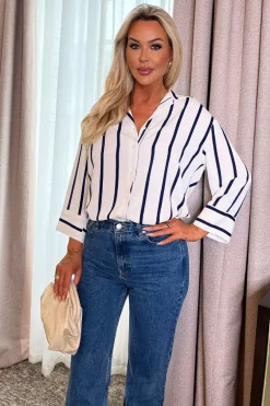 Cream And Navy Striped 3/4 Sleeve Shirt