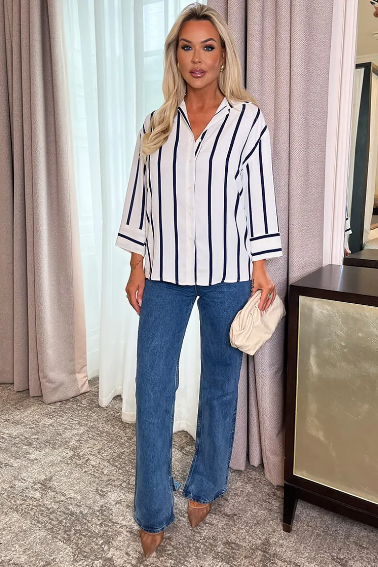 Cream And Navy Striped 3/4 Sleeve Shirt