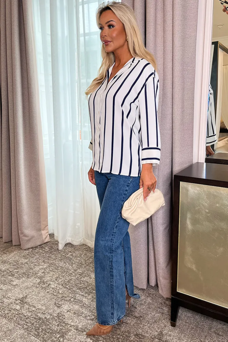 Cream And Navy Striped 3/4 Sleeve Shirt