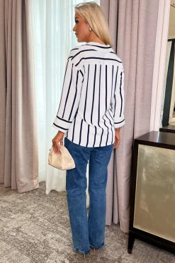 Cream And Navy Striped 3/4 Sleeve Shirt