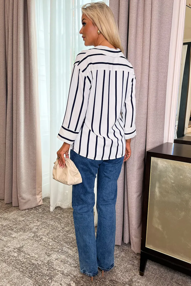 Cream And Navy Striped 3/4 Sleeve Shirt