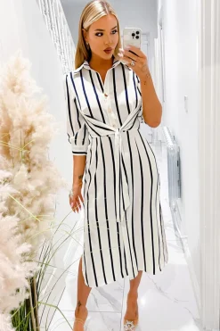 Cream And Navy Striped Button Up 3/4 Sleeve Midi Dress