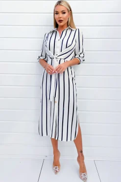Cream And Navy Striped Button Up 3/4 Sleeve Midi Dress