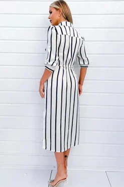 Cream And Navy Striped Button Up 3/4 Sleeve Midi Dress