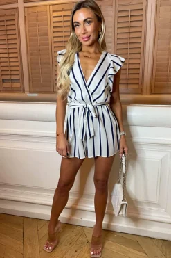 Cream And Navy Striped Wrap Top Belted Playsuit