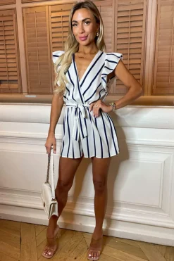 Cream And Navy Striped Wrap Top Belted Playsuit