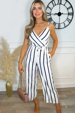 Cream And Navy Striped Wrap Top Tie Waist Jumpsuit