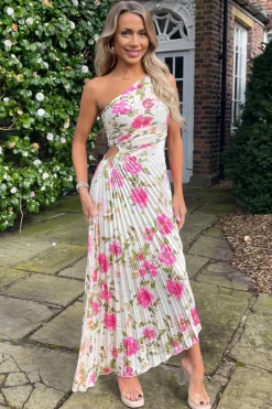 Cream and Pink Floral Print One Shoulder Pleated Satin Midi Dress