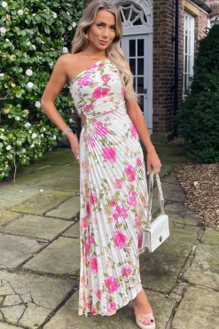 Cream and Pink Floral Print One Shoulder Pleated Satin Midi Dress