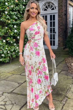 Cream and Pink Floral Print One Shoulder Pleated Satin Midi Dress