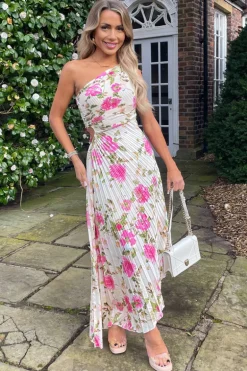 Cream and Pink Floral Print One Shoulder Pleated Satin Midi Dress