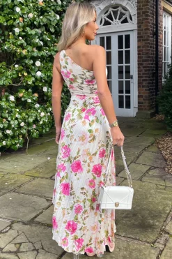 Cream and Pink Floral Print One Shoulder Pleated Satin Midi Dress