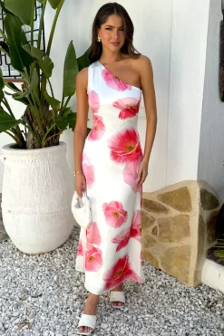 Cream And Pink Floral Print One Shoulder Open Back Twist Detail Midi Dress