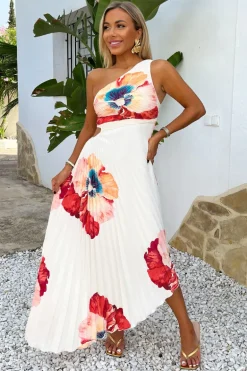 Cream Bold Floral Print One Shoulder Cut Out Pleated Midi Dress