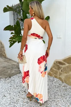 Cream Bold Floral Print One Shoulder Cut Out Pleated Midi Dress