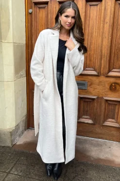 Cream Boucle Tie Belt Longline Trench Coat
