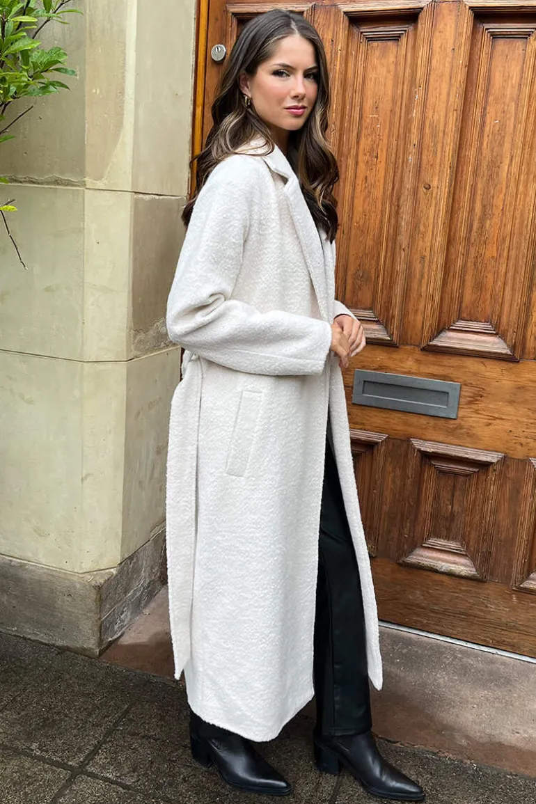 Cream Boucle Tie Belt Longline Trench Coat