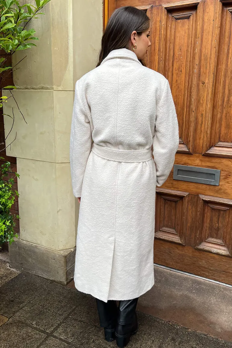 Cream Boucle Tie Belt Longline Trench Coat