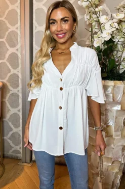 Cream Button Up Ruched Detail Smock V-Neck Top
