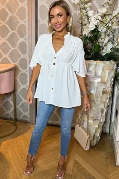 Cream Button Up Ruched Detail Smock V-Neck Top