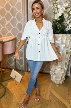 Cream Button Up Ruched Detail Smock V-Neck Top