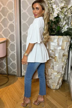 Cream Button Up Ruched Detail Smock V-Neck Top