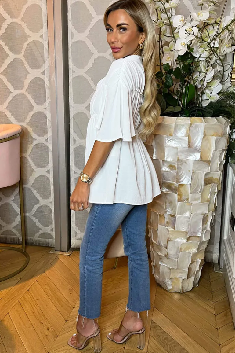 Cream Button Up Ruched Detail Smock V-Neck Top