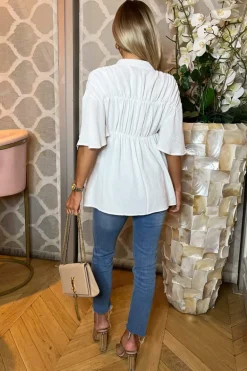 Cream Button Up Ruched Detail Smock V-Neck Top