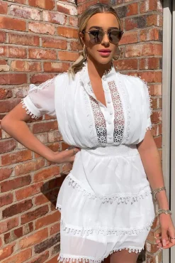 Cream Crochet Detail Tiered Dress