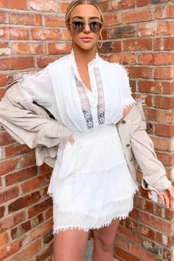 Cream Crochet Detail Tiered Dress