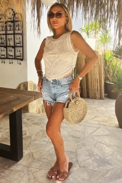 Cream Embroidered Crochet Hem Crop Top