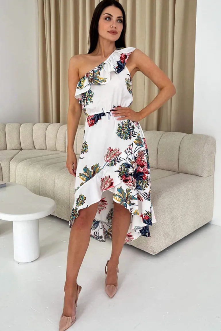 Cream Floral One Shoulder Frill Detail Dipped Hem Dress