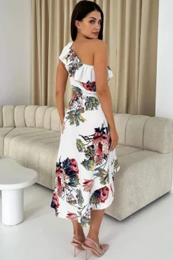Cream Floral One Shoulder Frill Detail Dipped Hem Dress