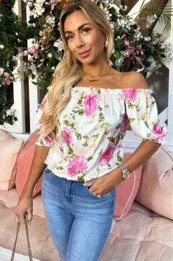 Cream Floral Print Elasticated Off The Shoulder Frill Detail Top