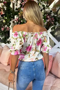 Cream Floral Print Elasticated Off The Shoulder Frill Detail Top