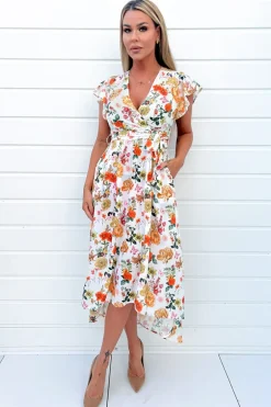 Cream Floral Print Short Sleeve Belted Wrap Midi Dress