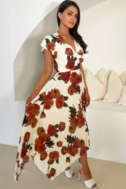 Cream Floral Print Wrap Top Asymmetrical Hem Pleated Midi Dress