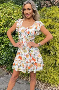 Cream Floral Printed Cut Out Back Frill Mini Skater Dress