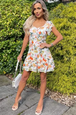 Cream Floral Printed Cut Out Back Frill Mini Skater Dress