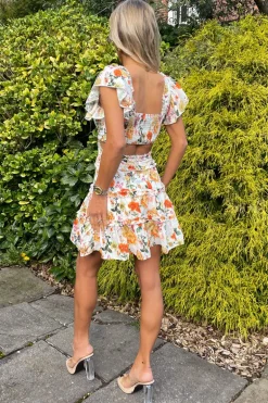 Cream Floral Printed Cut Out Back Frill Mini Skater Dress