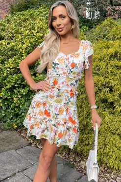 Cream Floral Printed Cut Out Back Frill Mini Skater Dress