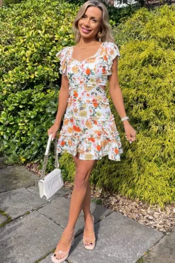 Cream Floral Printed Cut Out Back Frill Mini Skater Dress